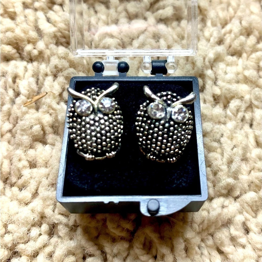 IRON Alloy Owl Earrings w rhinestone eyes 😻 - Picture 2 of 2